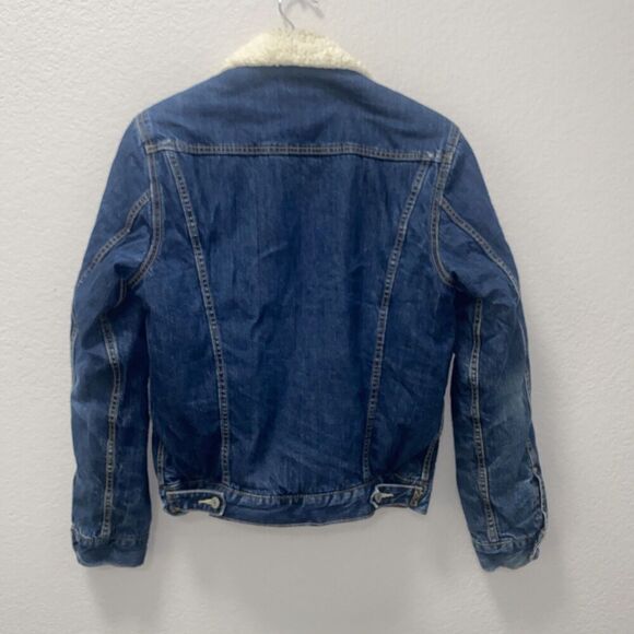 Levis Denim Sherpa Trucker Ex Boyfriend Jean Jacket Blue Wash Sz Small Women - Picture 3 of 5